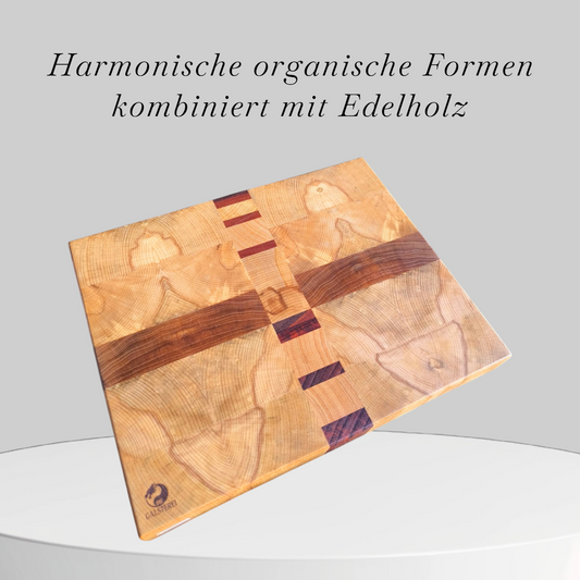 Harmonisch organisch Walnuss Padouk Buche Exklusives Stirnholz Manufaktur Schneidebrett No.10