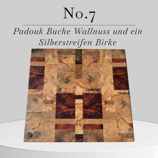 Exklusives  Stirnholz Manufaktur Schneidebrett Edelholz Padouk trifft Buche, Wallnuss und ein Silberstreifen Birke No.7