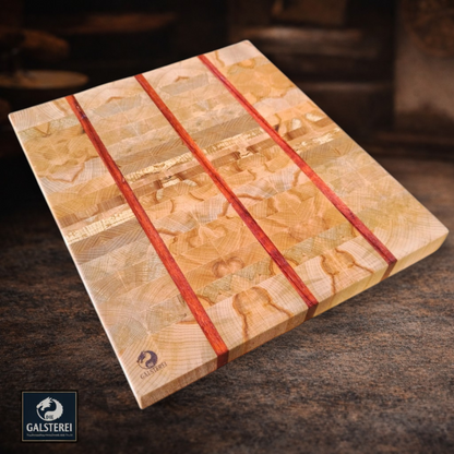 Exklusives  Stirnholz Manufaktur Schneidebrett Japan Style Edelholz Padouk trifft Buche No.8