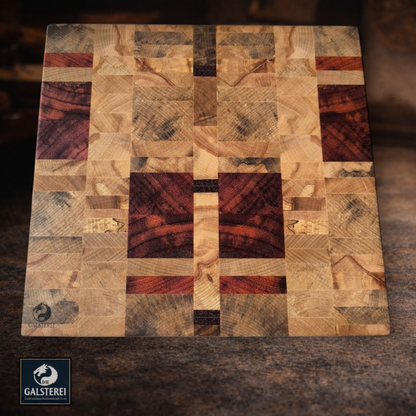 Exklusives  Stirnholz Manufaktur Schneidebrett Edelholz Padouk trifft Buche, Wallnuss und ein Silberstreifen Birke No.7