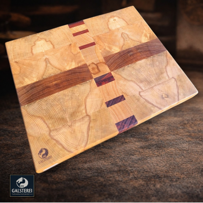 Harmonisch organisch Walnuss Padouk Buche Exklusives  Stirnholz Manufaktur Schneidebrett No.10