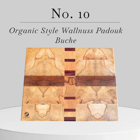 Harmonisch organisch Walnuss Padouk Buche Exklusives  Stirnholz Manufaktur Schneidebrett No.10