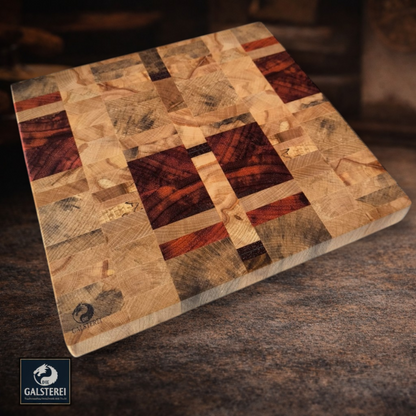 Exklusives  Stirnholz Manufaktur Schneidebrett Edelholz Padouk trifft Buche, Wallnuss und ein Silberstreifen Birke No.7