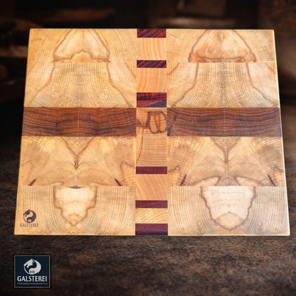 Harmonisch organisch Walnuss Padouk Buche Exklusives  Stirnholz Manufaktur Schneidebrett No.10